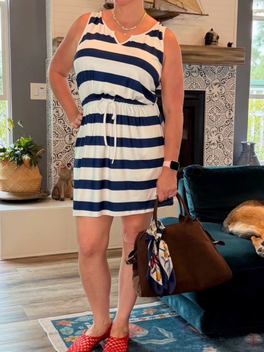 Striped Sleeveless Drawstring Sundress - Navy & White